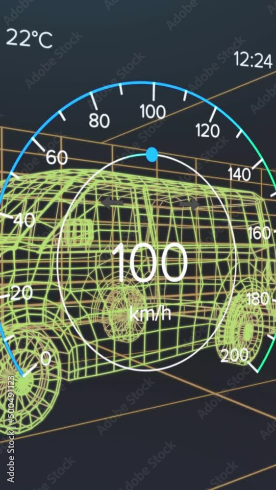Wall mural animation of speedometer, gps and charge status data on vehicle interface, over 3d van model