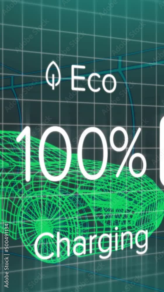 Wall mural animation of charge status data on electric vehicle interface, over 3d car model