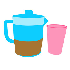 Graphic vector illustration showing a large teapot and a cup. Suitable for product concepts, household-themed illustrations, and beverage container representations.