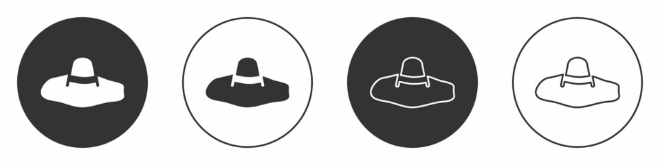 Black Elegant women hat icon isolated on white background. Circle button. Vector