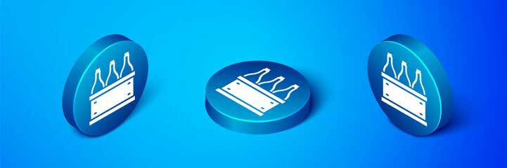 Isometric Bottles of wine in a wooden box icon isolated on blue background. Wine bottles in a wooden crate icon. Blue circle button. Vector