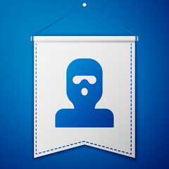 Blue Thief mask icon isolated on blue background. Bandit mask, criminal man. White pennant template. Vector