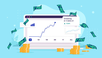 Obraz premium Investing success- Computer screen with stock market portfolio going up. Vector illustration