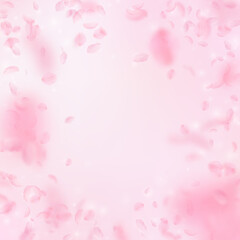 Fototapeta na wymiar Sakura petals falling down. Romantic pink flowers vignette. Flying petals on pink square background. Love, romance concept. Grand wedding invitation.