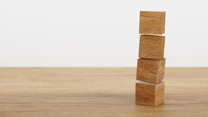 Row of 4 wooden cube block for put alphabet on wood table, 3D rendering.
