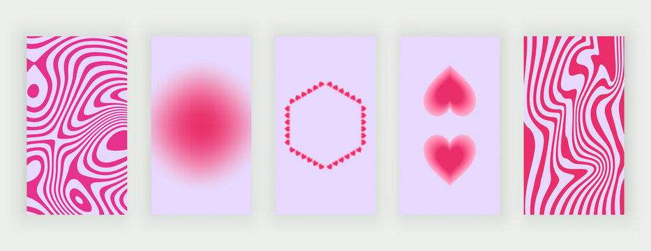 Pink groovy retro stories backrounds with boho, hearts and blur shapes
