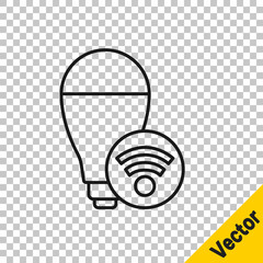 Black line Smart light bulb system icon isolated on transparent background. Energy and idea symbol. Internet of things concept with wireless connection. Vector
