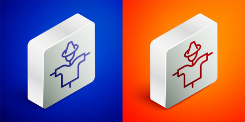 Isometric line Scarecrow icon isolated on blue and orange background. Silver square button. Vector