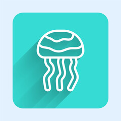 White line Jellyfish icon isolated with long shadow. Green square button. Vector