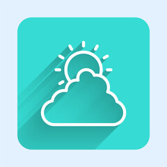 White line Sun and cloud weather icon isolated with long shadow background. Green square button. Vector