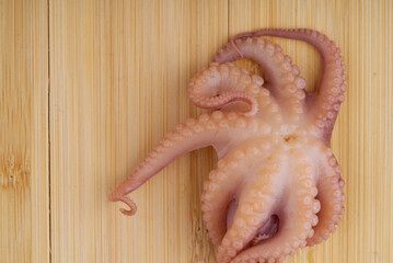 A small octopus on a wooden chopping board closeup. View from above