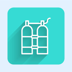 White line Aqualung icon isolated with long shadow background. Oxygen tank for diver. Diving equipment. Extreme sport. Diving underwater equipment. Green square button. Vector