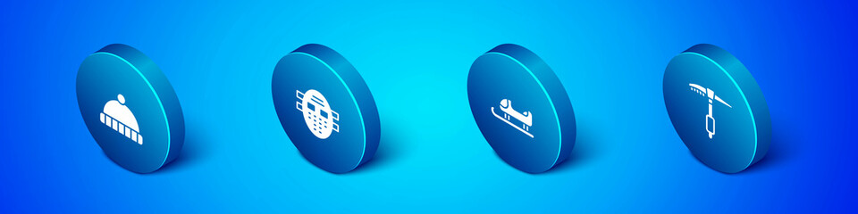 Set Isometric Winter hat, Sled, Ice axe and Hockey mask icon. Vector