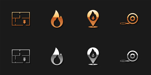 Set Evacuation plan, Fire flame, Location with fire and hose reel icon. Vector