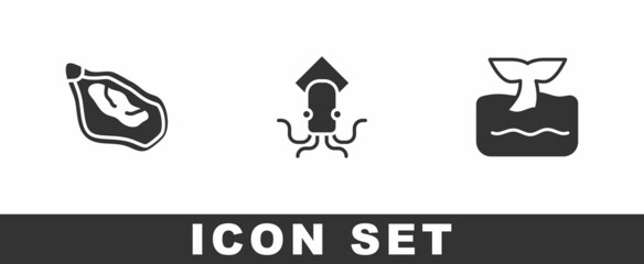 Set Mussel, Octopus and Whale tail in ocean wave icon. Vector
