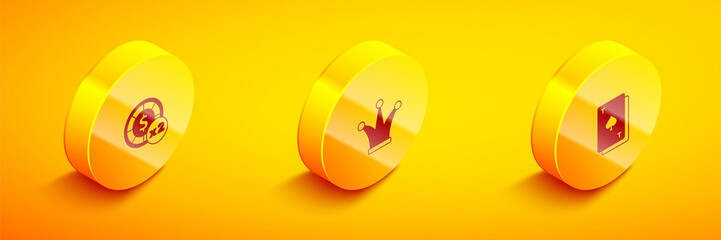 Set Isometric Casino chips, Joker playing card and Playing with spades icon. Vector