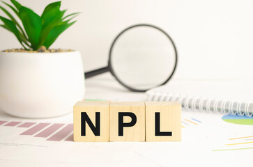 npl - word from wooden blocks with letters, blue background. copy space available