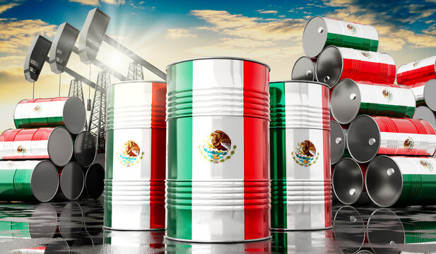 Oil barrels with flag of Mexico and oil extraction wells - 3D illustration