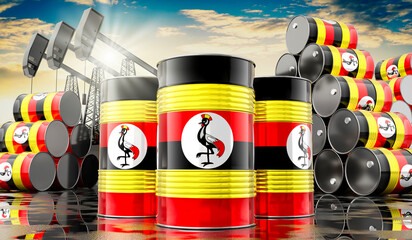 Oil barrels with flag of Uganda and oil extraction wells - 3D illustration