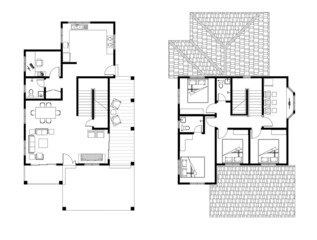 2D CAD 2 story house layout plan drawing with 3 bedrooms complete with 2 bathrooms, balcony, furniture, kitchen, living room and family area. Drawing produced in black and white. 
