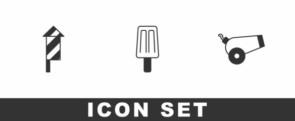 Set Firework rocket, Ice cream and Cannon icon. Vector
