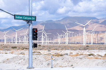 Palm Springs Wind Farm with Indian Canyon Street Sign