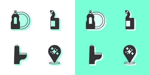 Set Home cleaning service, Dishwashing liquid bottle, Toilet bowl and icon. Vector
