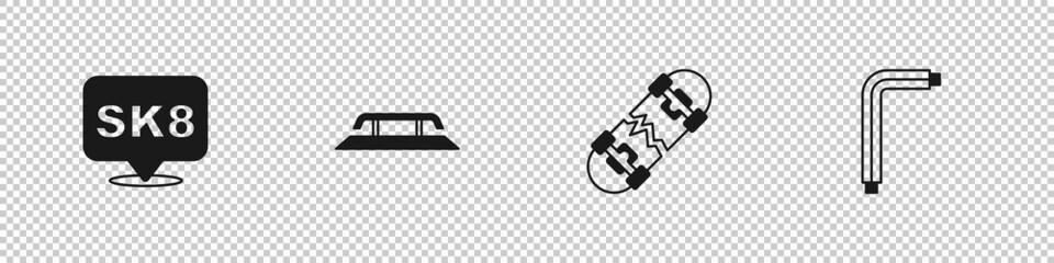 Set Skateboard, stairs with rail, Broken skateboard and Tool allen keys icon. Vector