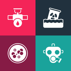 Set pop art Gas mask, Molecule, Radioactive waste in barrel and Industry pipe and valve icon. Vector