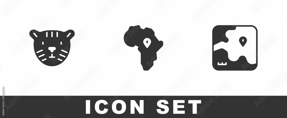 Wall mural Set Tiger head, Map of Africa and safari map icon. Vector