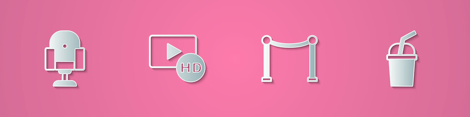 Set paper cut Director movie chair, Hd movie, tape, frame, Rope barrier and Paper glass with water icon. Paper art style. Vector