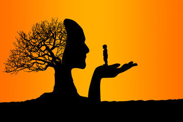 Tree with human head holding a child