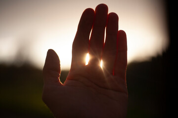 Palm against background of sun. Hand is in details. Fingers let in light. Lse sun through skin of...