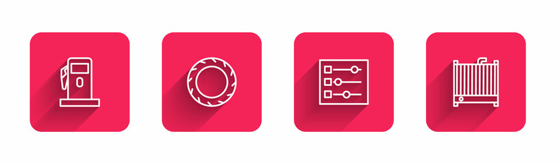 Set line Petrol or Gas station, Car tire wheel, settings and radiator cooling system with long shadow. Red square button. Vector