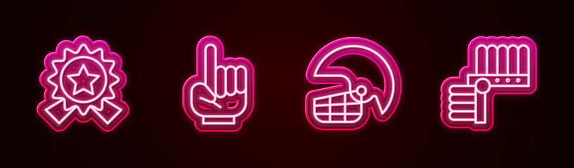 Set line Medal with star, Number 1 one fan hand glove, American football helmet and Indian headdress feathers. Glowing neon icon. Vector