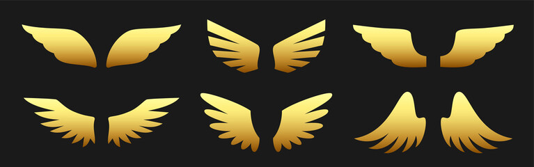Angel wing metallic gold heraldic logo flat set. Military emblem freedom flight insignia award badge. Nature object simple effect glossy sticker bird wing feather open shape flight sky isolated