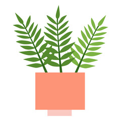 Fern with three leaves in pink square flower pot. Composition is isolated on white background. Suitable for scrapbooking, textile, notebook cover, dishes, mugs, web. Logo, label. Vector illustration