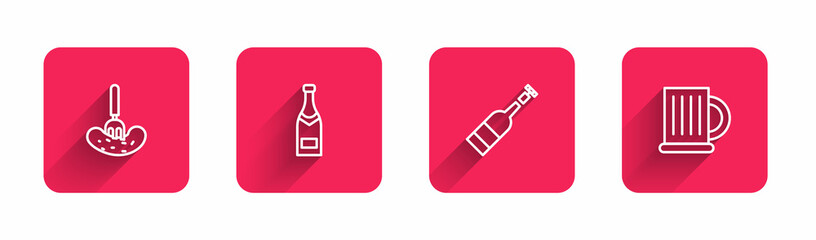 Set line Pickled cucumber on a fork, Champagne bottle, Opened of wine and Wooden beer mug with long shadow. Red square button. Vector