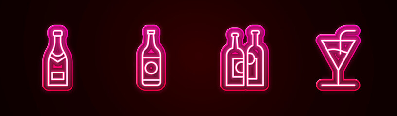 Set line Champagne bottle, Beer, Bottles of wine and Cocktail. Glowing neon icon. Vector