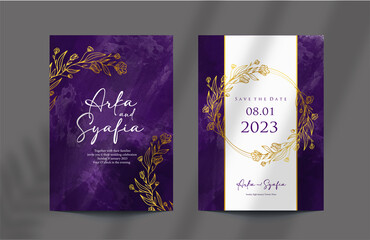 elegant Dark purple watercolor wedding invitation with floral gold hand drawn