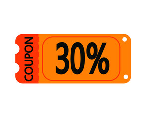 30% off coupon vector. Orange perforated coupon template on white background for stores