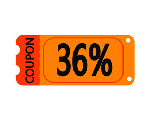 36% off coupon vector. Orange perforated coupon template on white background for stores