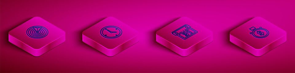 Set Isometric line Target sport, Clock, Calendar and Time is money icon. Vector