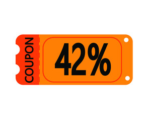 42% off coupon vector. Orange perforated coupon template on white background for stores