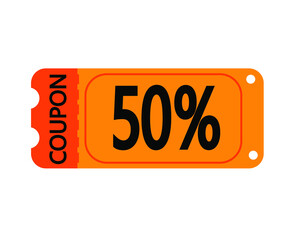 50% off coupon vector. Orange perforated coupon template on white background for stores