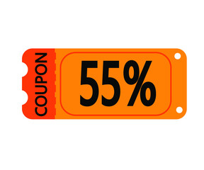 55% off coupon vector. Orange perforated coupon template on white background for stores
