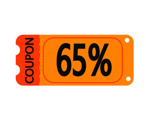 65% off coupon vector. Orange perforated coupon template on white background for stores