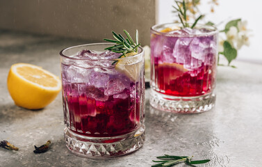 Butterfly pea flower tea with lemon. Purple iced lemonade. Healthy detox herbal drink