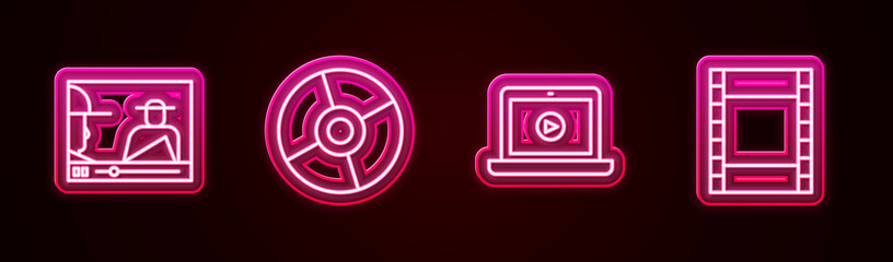 Set line Online play video, CD or DVD disk, and Play Video. Glowing neon icon. Vector