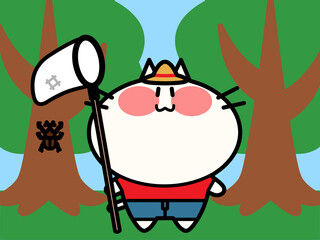 虫取り網を持ったにゃんこと森の木に止まるカブト虫のイラスト素材